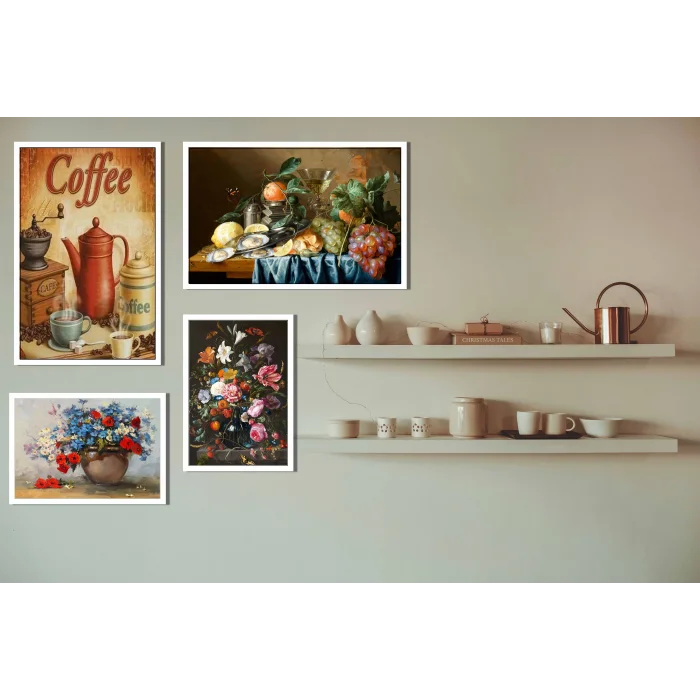 4 Parça Çerçeveli Ahşap Mutfak Tablo Seti, Ev Dekoru, Mutfak