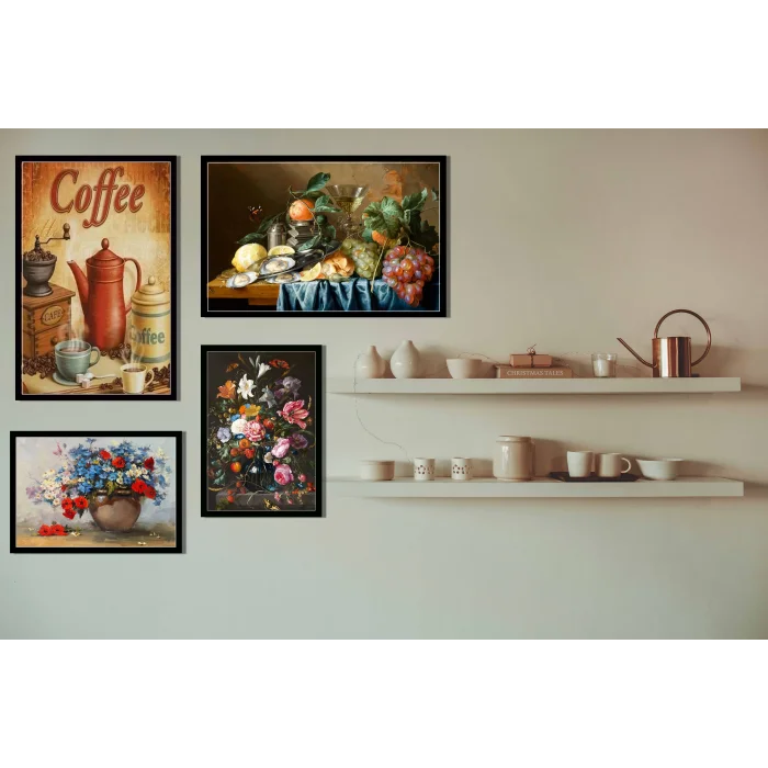 4 Parça Çerçeveli Ahşap Mutfak Tablo Seti, Ev Dekoru, Mutfak