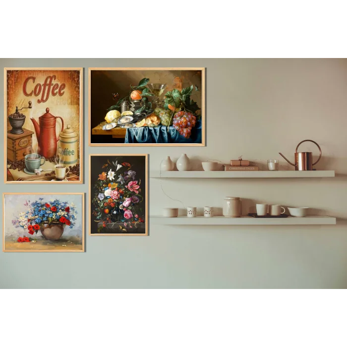 4 Parça Çerçeveli Ahşap Mutfak Tablo Seti, Ev Dekoru, Mutfak