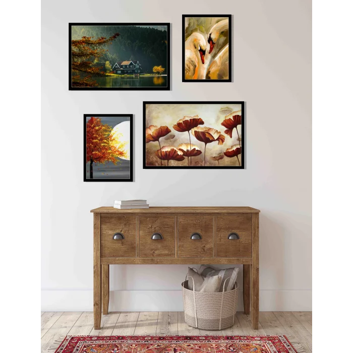 4 Parça Çerçeveli Ahşap Tablo Seti, Ev Dekoru