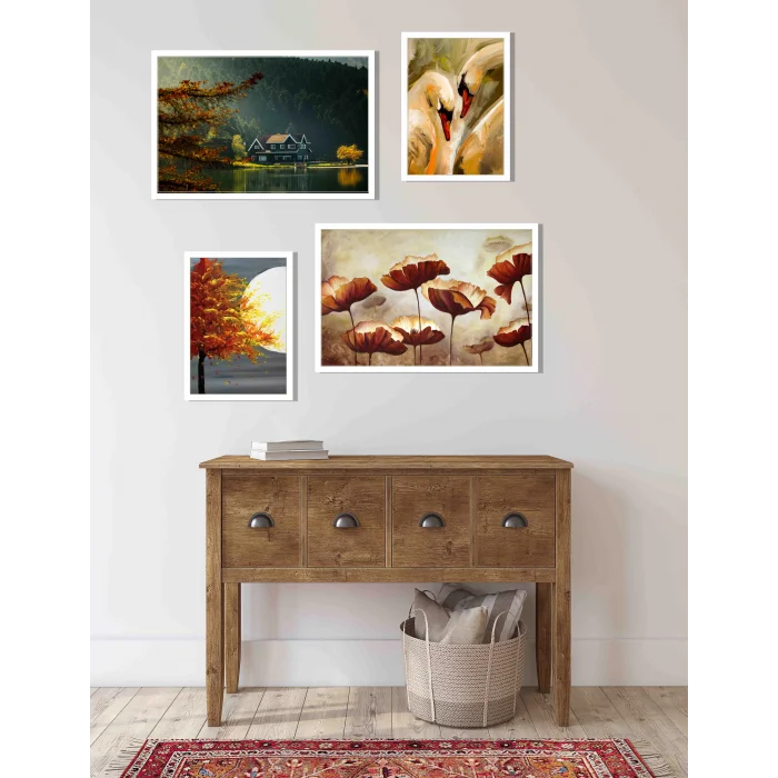 4 Parça Çerçeveli Ahşap Tablo Seti, Ev Dekoru