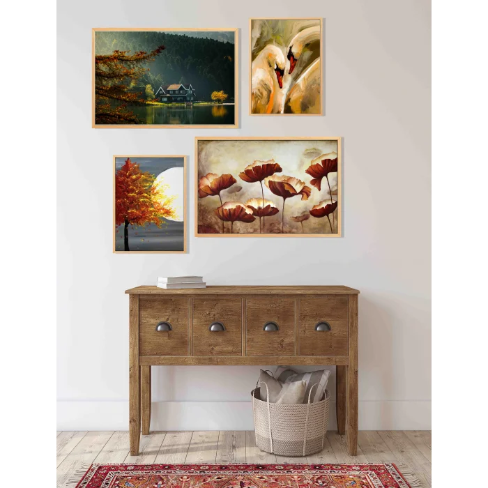 4 Parça Çerçeveli Ahşap Tablo Seti, Ev Dekoru