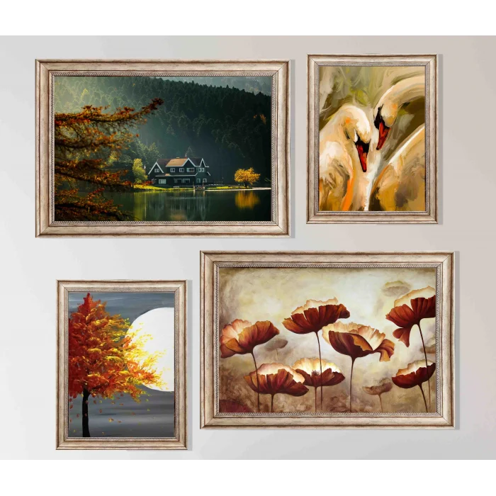 4 Parça Eskitme Çerçeveli Ahşap Tablo Seti, Ev Dekoru