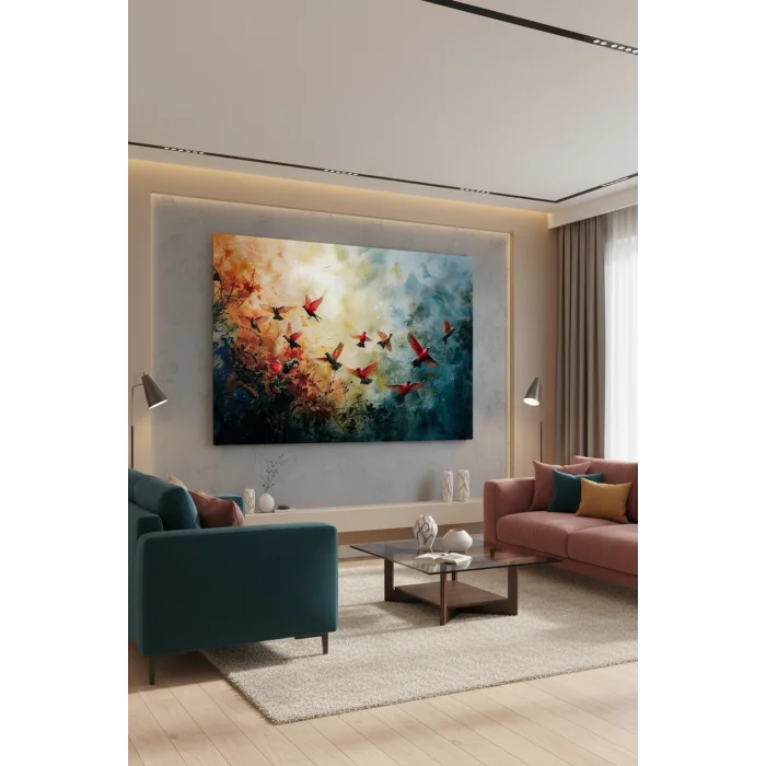 BESTABLO Modern Soyut Kuşlar Kanvas Tablo – Renkli Sanatsal Duvar Tablosu – Büyük Boy Dekoratif Salon Tablosu