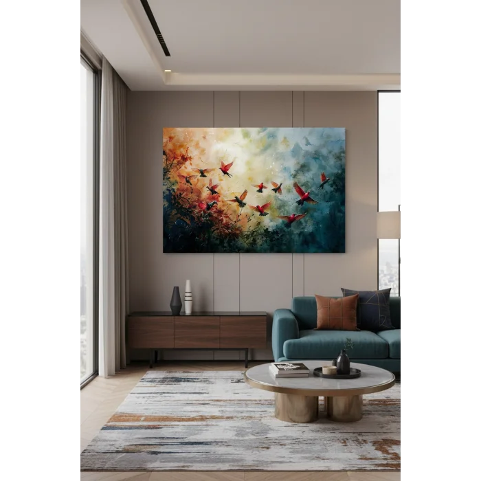 BESTABLO Modern Soyut Kuşlar Kanvas Tablo – Renkli Sanatsal Duvar Tablosu – Büyük Boy Dekoratif Salon Tablosu