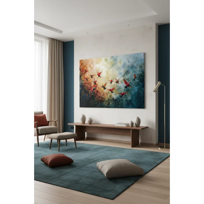 BESTABLO Modern Soyut Kuşlar Kanvas Tablo – Renkli Sanatsal Duvar Tablosu – Büyük Boy Dekoratif Salon Tablosu