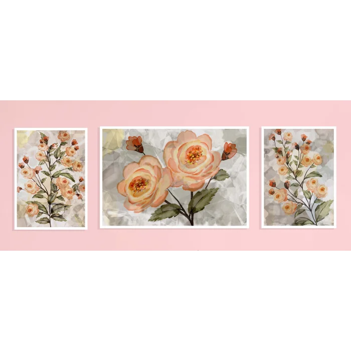 Açan Güller Çerçeveli Ahşap Tablo Seti, 3 Parça, Duvar Tablosu