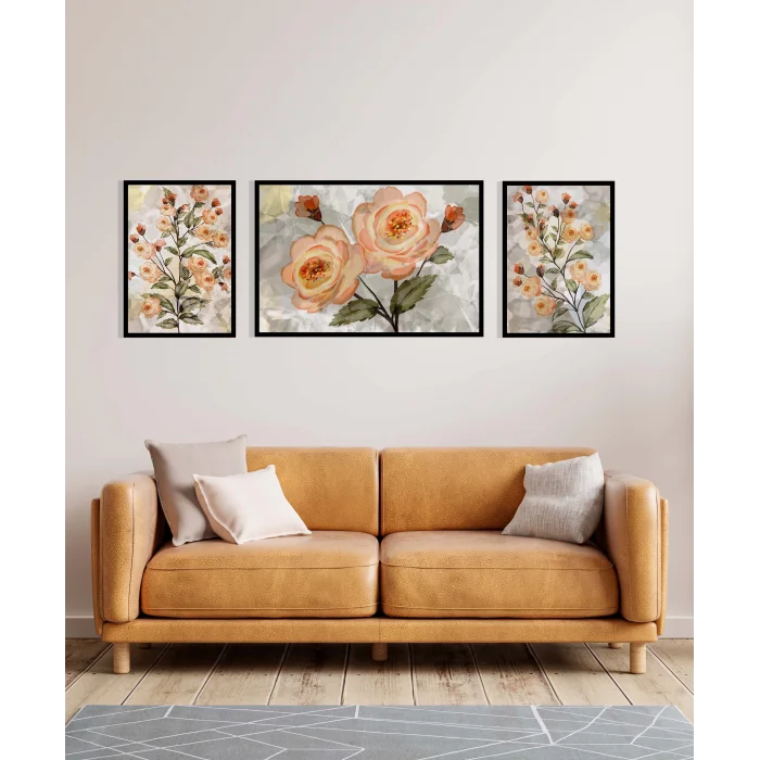 Açan Güller Çerçeveli Ahşap Tablo Seti, 3 Parça, Duvar Tablosu