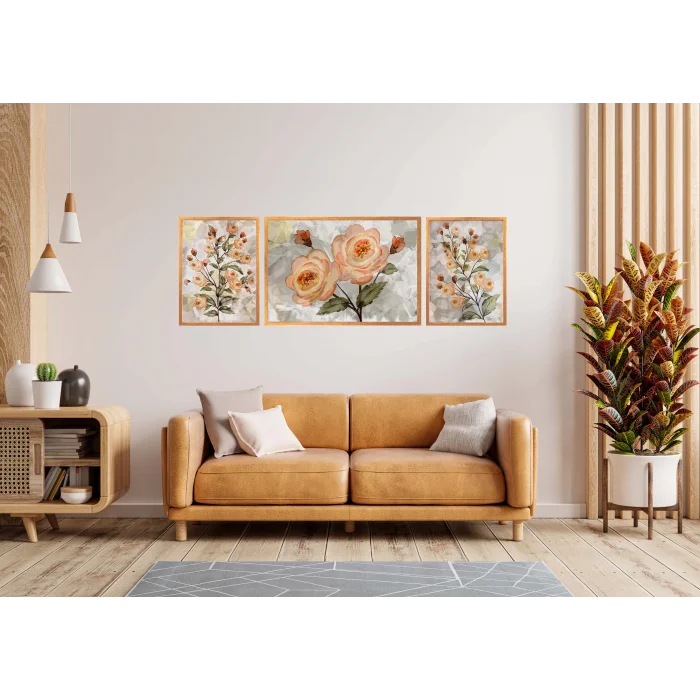 Açan Güller Çerçeveli Ahşap Tablo Seti, 3 Parça, Duvar Tablosu