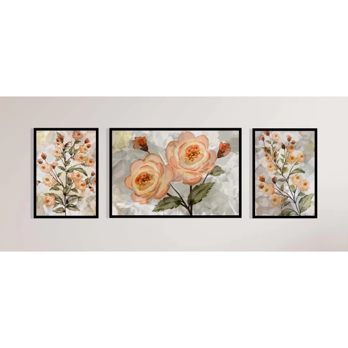 Açan Güller Çerçeveli Ahşap Tablo Seti, 3 Parça, Duvar Tablosu