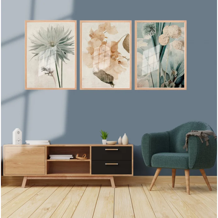 Bestablo 3 Parça Çerçeveli Boho Çiçekler Ahşap Tablo Seti Bestablo