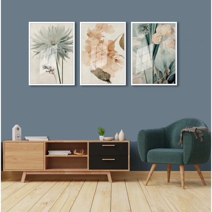 Bestablo 3 Parça Çerçeveli Boho Çiçekler Ahşap Tablo Seti Bestablo