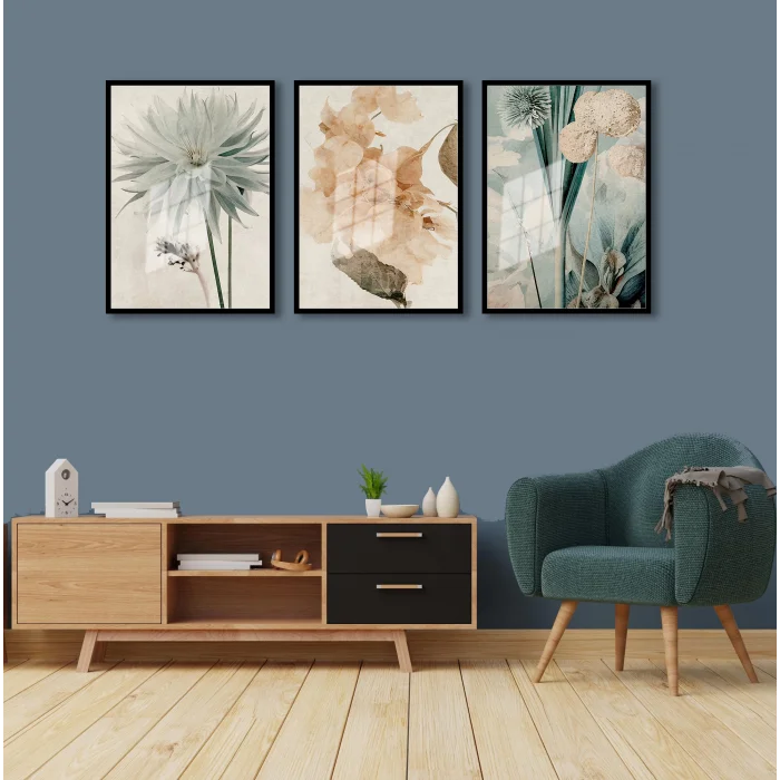 Bestablo 3 Parça Çerçeveli Boho Çiçekler Ahşap Tablo Seti Bestablo