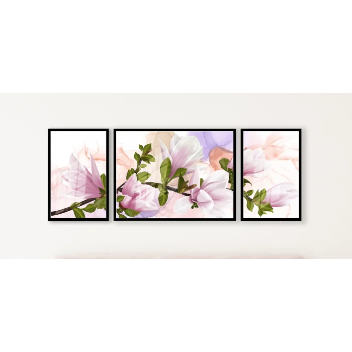 Bestablo 3 Parça Çerçeveli Dekoratif Çiçekler Ahşap Tablo Seti Bestablo
