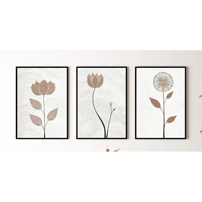 Bestablo 3 Parça Çerçeveli Dekoratif Çiçekler Ahşap Tablo Seti, Ev Dekoru Bestablo