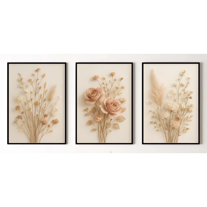 Bestablo 3 Parça Çerçeveli Dekoratif Çiçekler Ahşap Tablo Seti, Ev Dekoru Bestablo