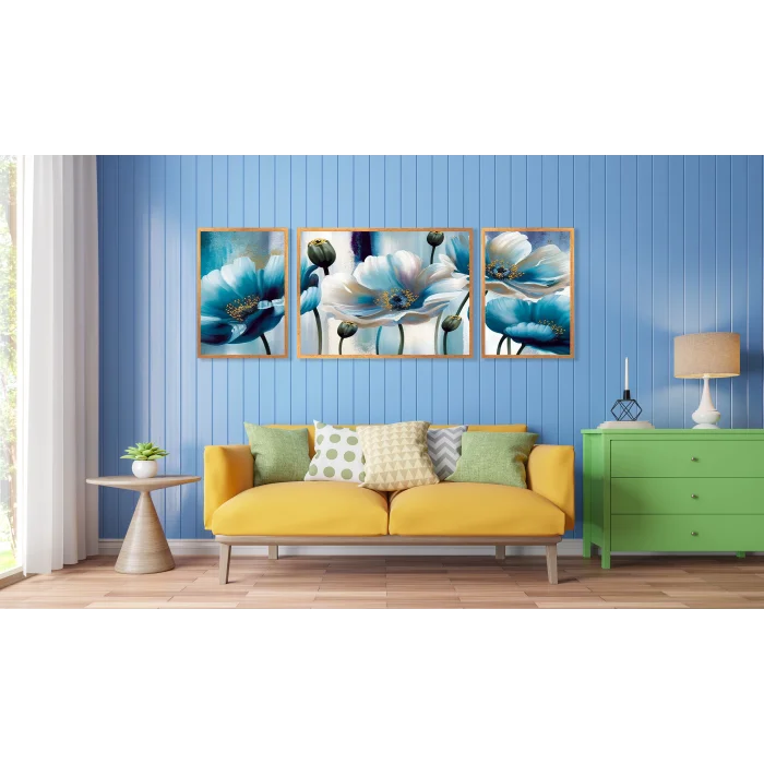 Bestablo 3 Parça Çerçeveli Dekoratif Çiçekler Ahşap Tablo Seti, Ev Dekoru Bestablo