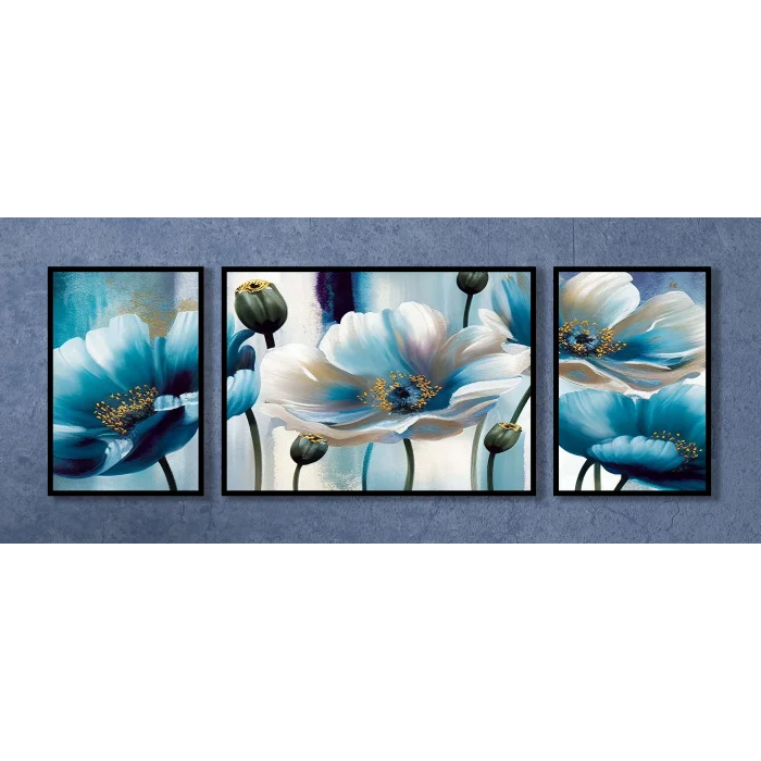 Bestablo 3 Parça Çerçeveli Dekoratif Çiçekler Ahşap Tablo Seti, Ev Dekoru Bestablo