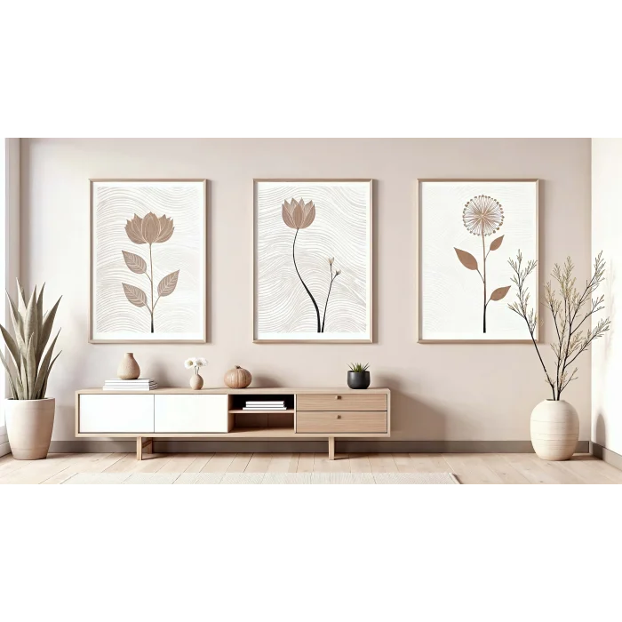 Bestablo 3 Parça Çerçeveli Dekoratif Çiçekler Ahşap Tablo Seti, Ev Dekoru Bestablo