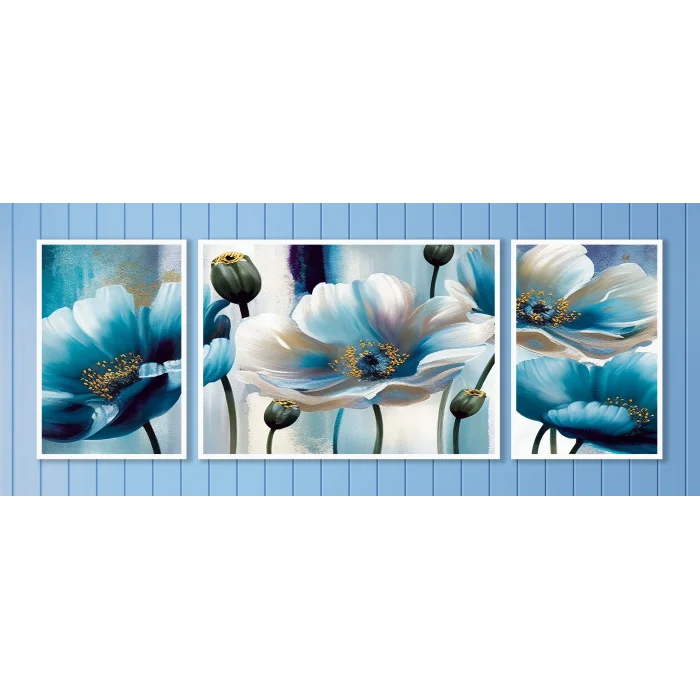 Bestablo 3 Parça Çerçeveli Dekoratif Çiçekler Ahşap Tablo Seti, Ev Dekoru Bestablo