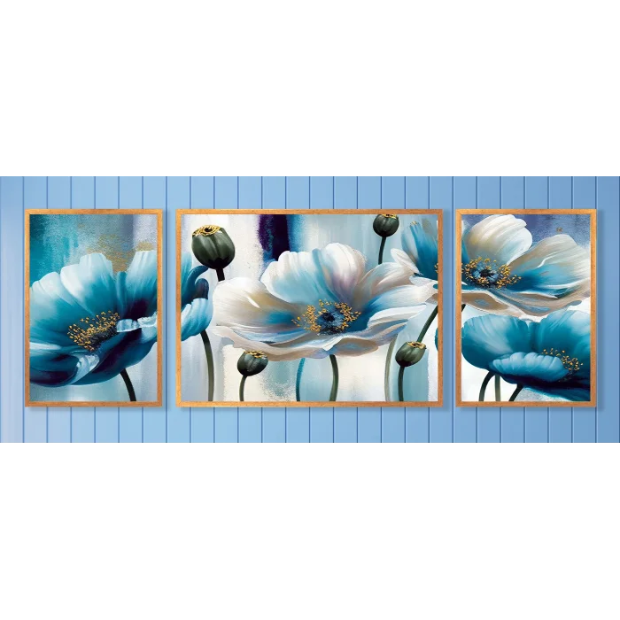 Bestablo 3 Parça Çerçeveli Dekoratif Çiçekler Ahşap Tablo Seti, Ev Dekoru Bestablo