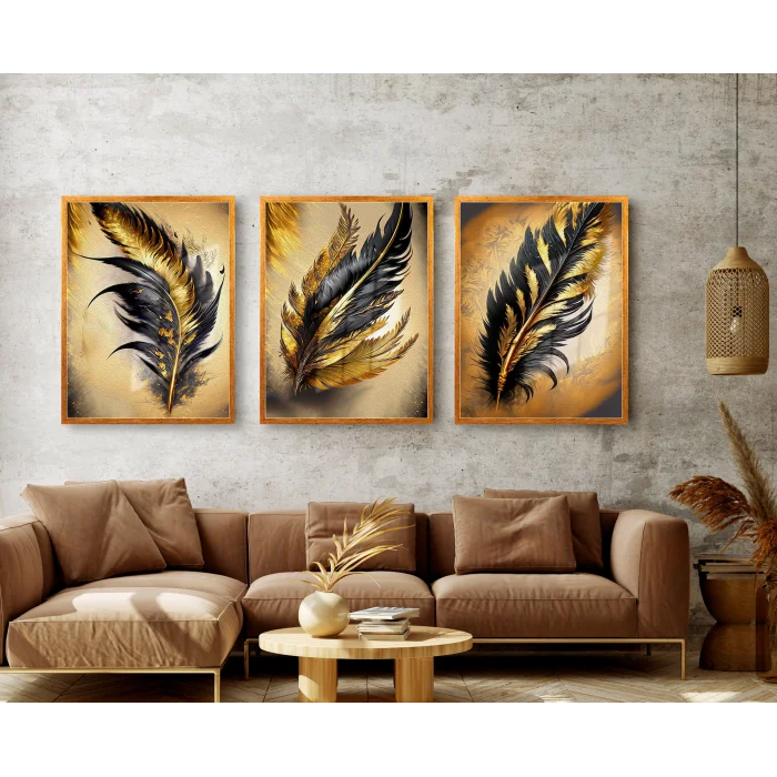 Bestablo 3 Parça Çerçeveli Dekoratif Kuş Tüyü Ahşap Tablo Seti Bestablo