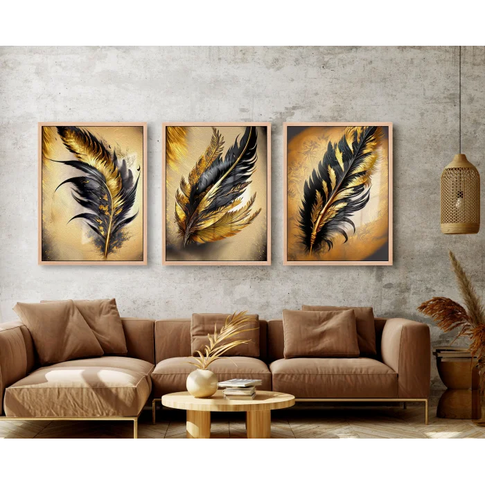 Bestablo 3 Parça Çerçeveli Dekoratif Kuş Tüyü Ahşap Tablo Seti Bestablo
