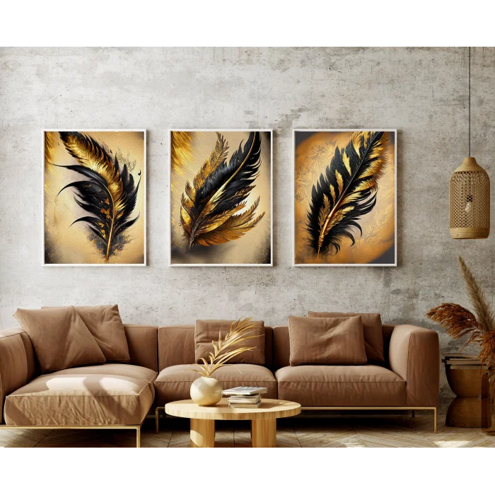 Bestablo 3 Parça Çerçeveli Dekoratif Kuş Tüyü Ahşap Tablo Seti Bestablo
