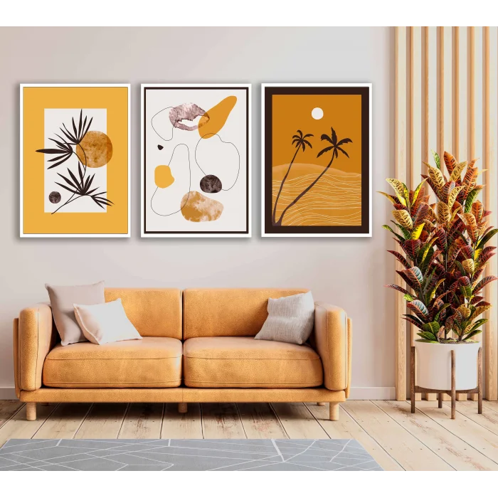 Bestablo 3 Parça Çerçeveli Dekoratif Palmiye Ahşap Tablo Seti Bestablo