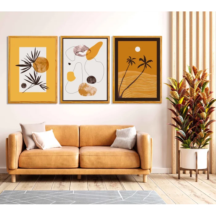 Bestablo 3 Parça Çerçeveli Dekoratif Palmiye Ahşap Tablo Seti Bestablo