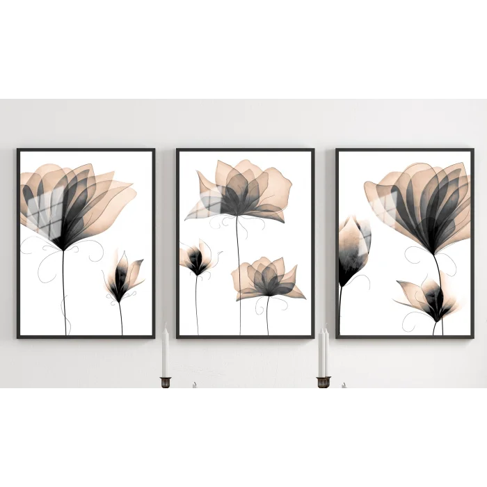 Bestablo 3 Parça Çerçeveli Dekoratif Sulu Boya Çiçekler Ahşap Tablo Seti Bestablo