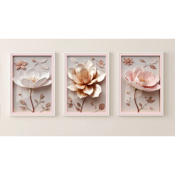 Bestablo 3 Parça Çerçeveli Kabartma Görünümlü Çiçekler Ahşap Tablo Seti, Ev Dekoru Bestablo