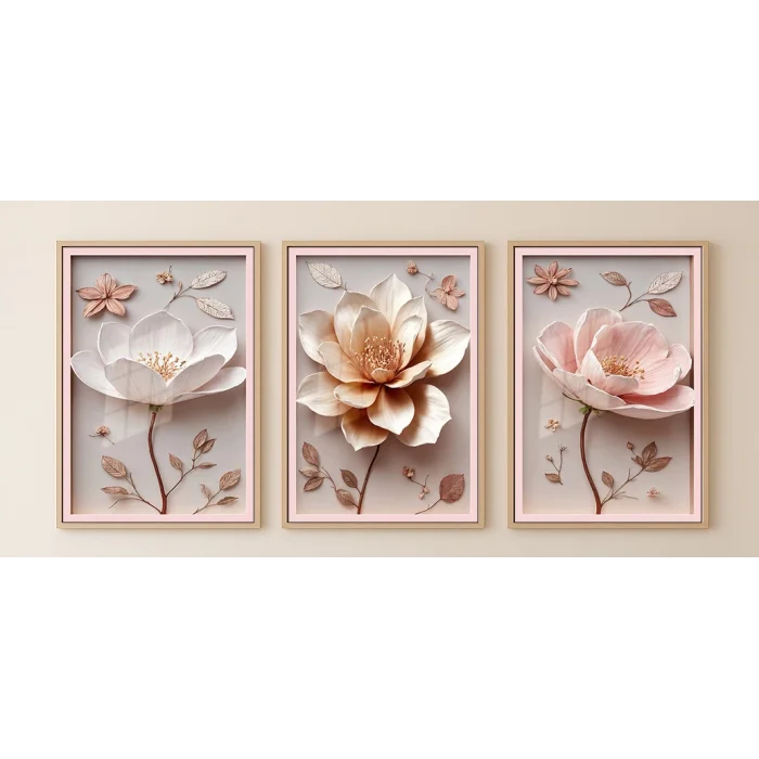 Bestablo 3 Parça Çerçeveli Kabartma Görünümlü Çiçekler Ahşap Tablo Seti, Ev Dekoru Bestablo