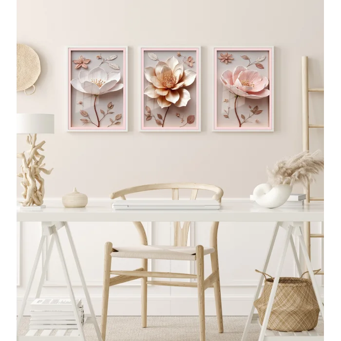 Bestablo 3 Parça Çerçeveli Kabartma Görünümlü Çiçekler Ahşap Tablo Seti, Ev Dekoru Bestablo