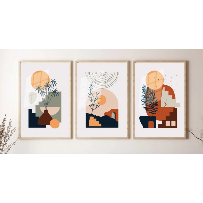 Bestablo 3 Parça Doğal Ahşap Çerçeveli Dekoratif Boho Tablo Seti Bestablo