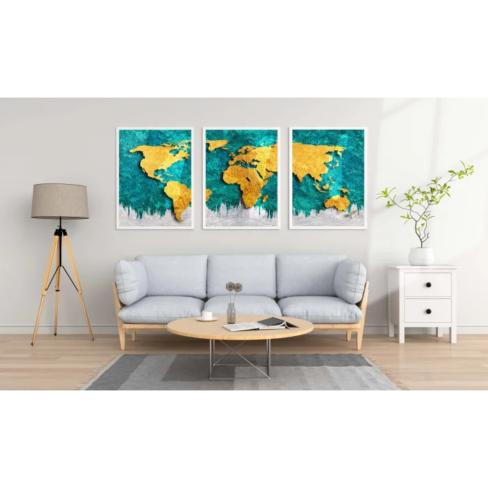 Bestablo 3 Parça Dünya Haritası Çerçeveli Ahşap Tablo Seti Bestablo