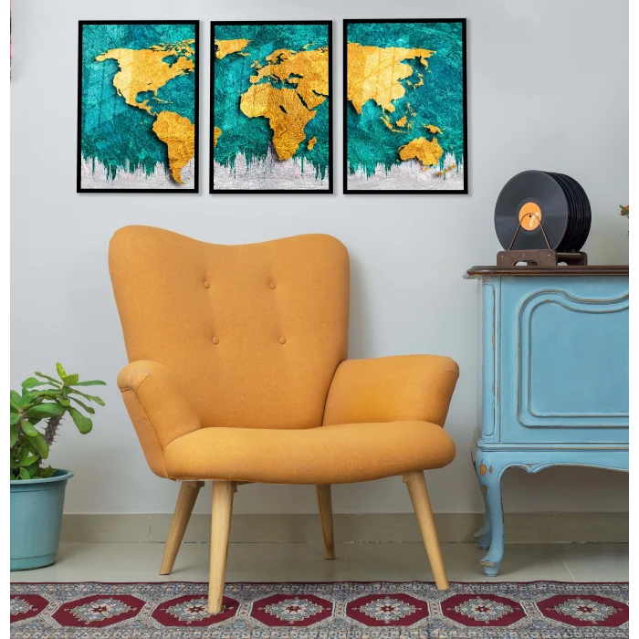 Bestablo 3 Parça Dünya Haritası Çerçeveli Ahşap Tablo Seti Bestablo