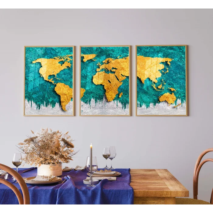 Bestablo 3 Parça Dünya Haritası Çerçeveli Ahşap Tablo Seti Bestablo