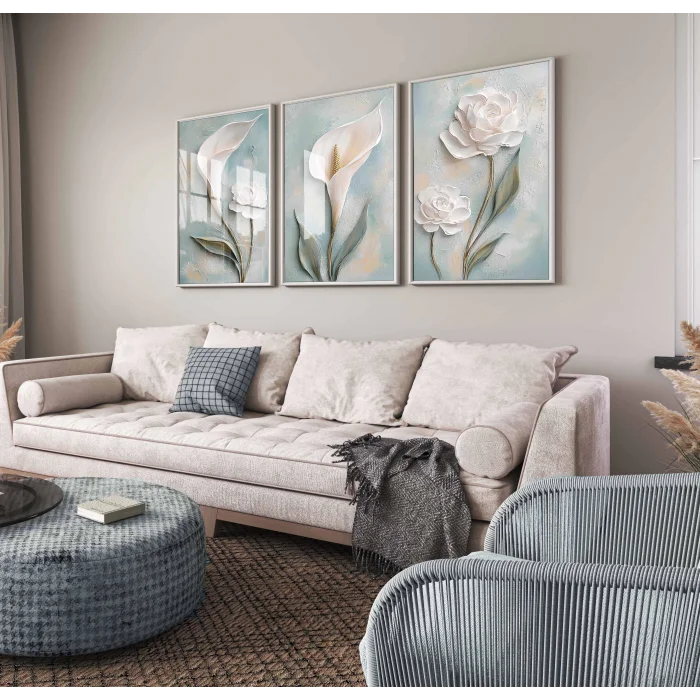 Bestablo Ahşap Tablo, 3 Parça Çerçeveli Ahşap Tablo, Soft Yeşil Duvar Tablosu, Ev Dekoru