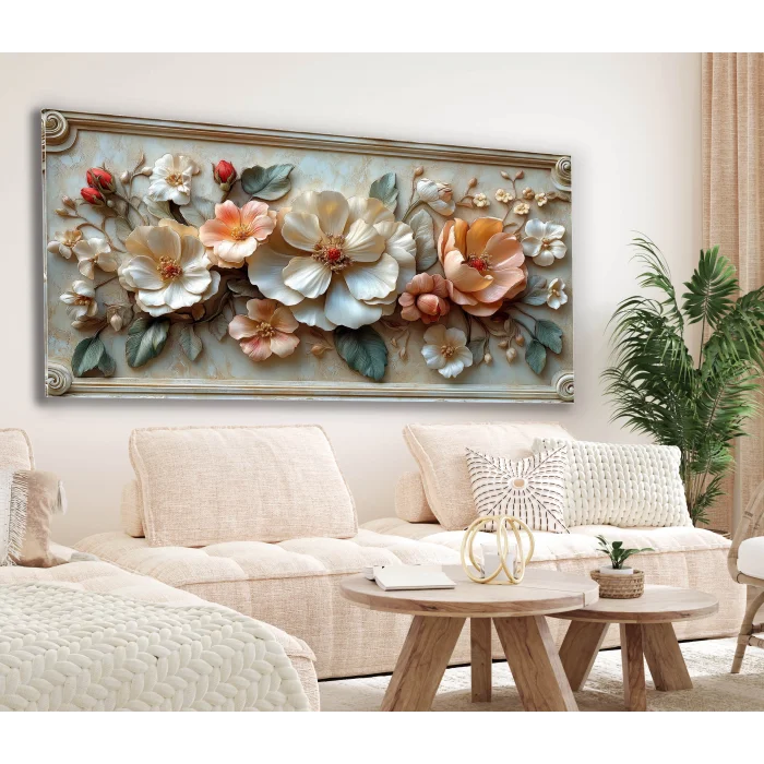 Bestablo Kabartma Görünümlü Renkli Çiçekler Kanvas Tablo, Ev Dekoru, Salon Tablosu