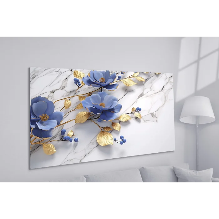 Bestablo Kabartma Görünümlü Varaklı Mavi Çiçekler Kanvas Tablo, Ev Dekoru Bestablo