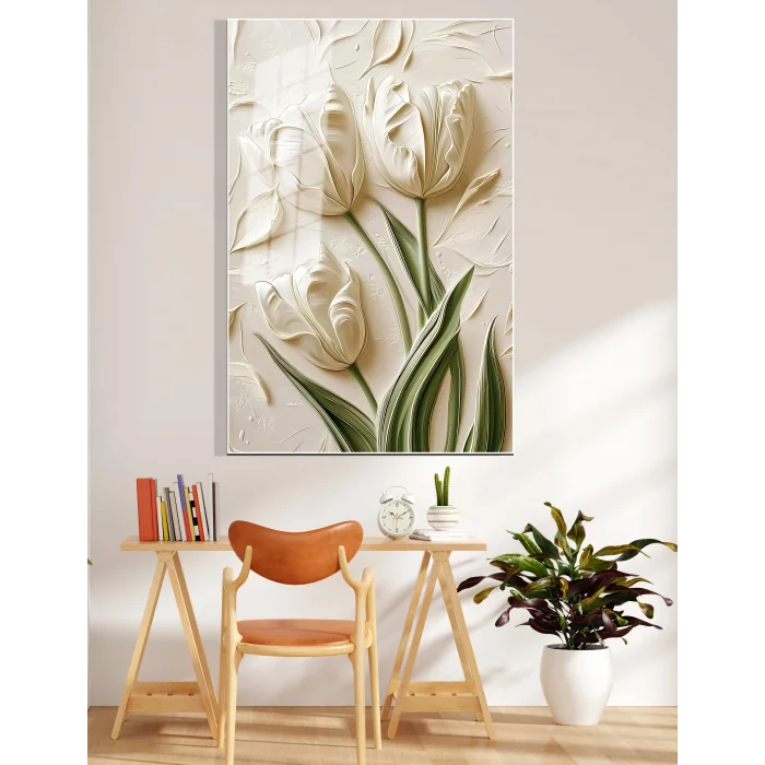 Bestablo Kabartma Görünüm Çiçek Desenli Cam Tablo | Modern Salon ve Ofis Duvar Dekoru