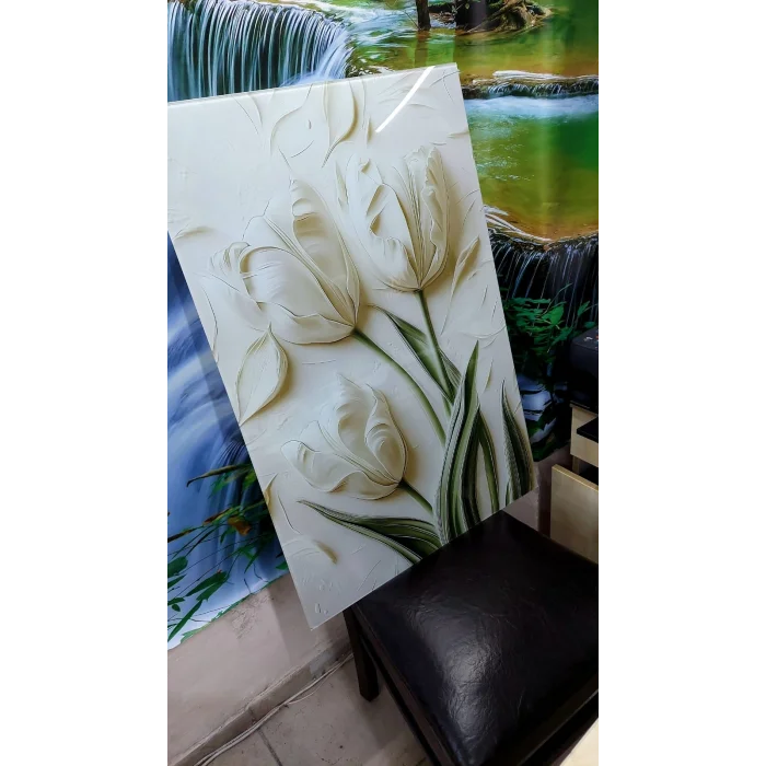 Bestablo Kabartma Görünüm Çiçek Desenli Cam Tablo | Modern Salon ve Ofis Duvar Dekoru