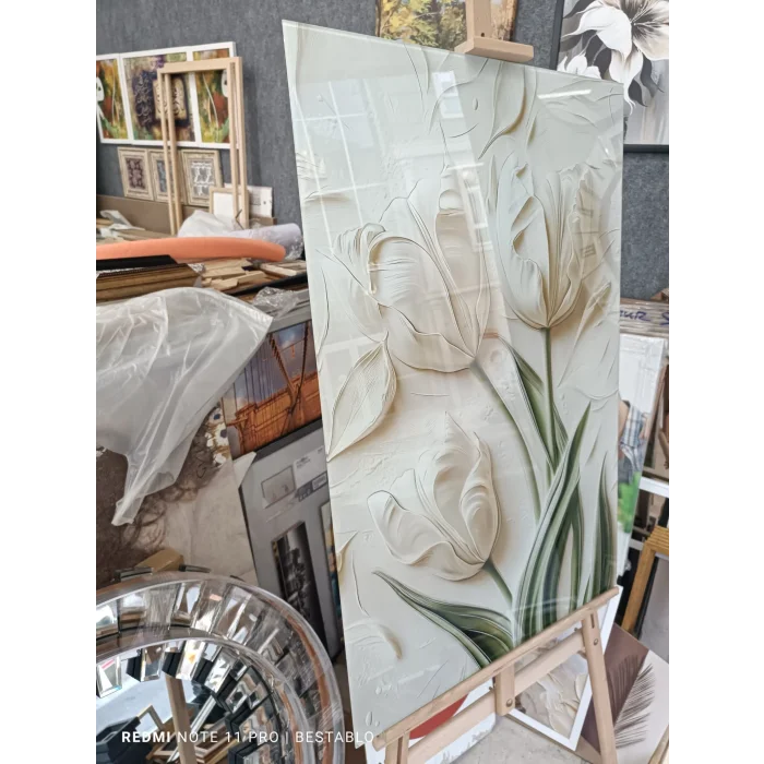 Bestablo Kabartma Görünüm Çiçek Desenli Cam Tablo | Modern Salon ve Ofis Duvar Dekoru