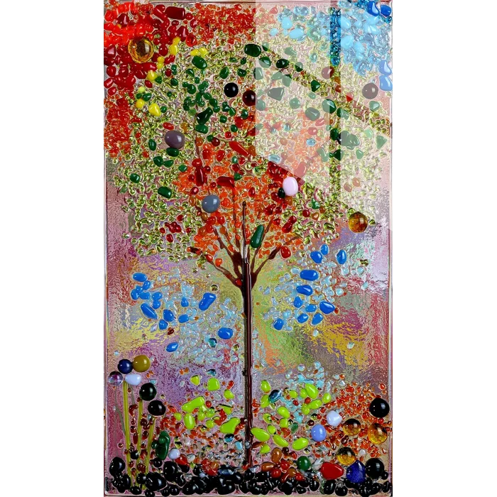 Bestablo Renkli Soyut Ağaç Desenli Cam Tablo, Ev Dekoru, Salon Tablosu