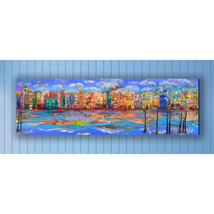 Bestablo Yağlı Boya Görünümlü Renkli Evler 2 Kanvas Tablo Ev Dekoru, Bestablo