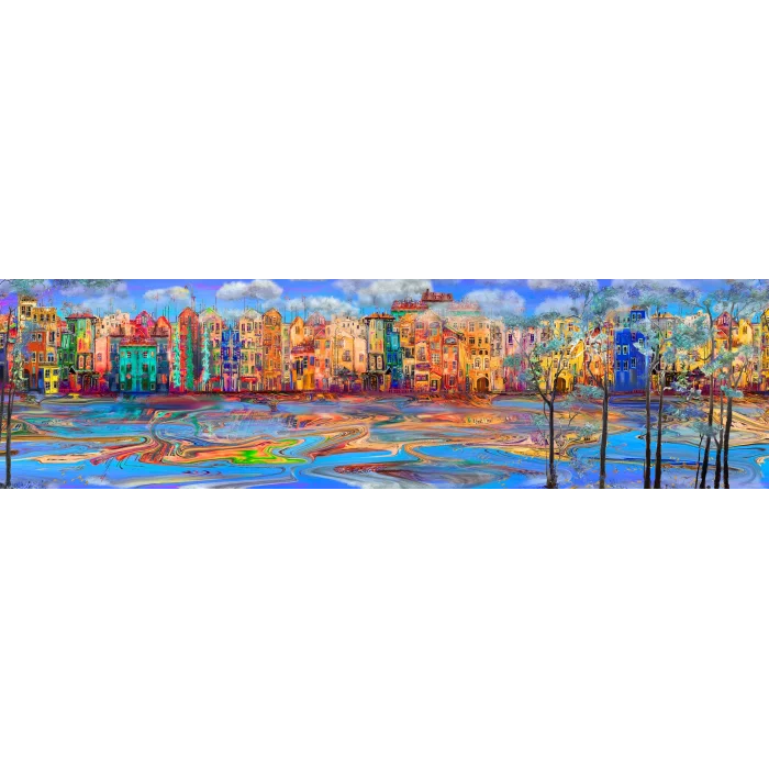 Bestablo Yağlı Boya Görünümlü Renkli Evler 2 Kanvas Tablo Ev Dekoru, Bestablo