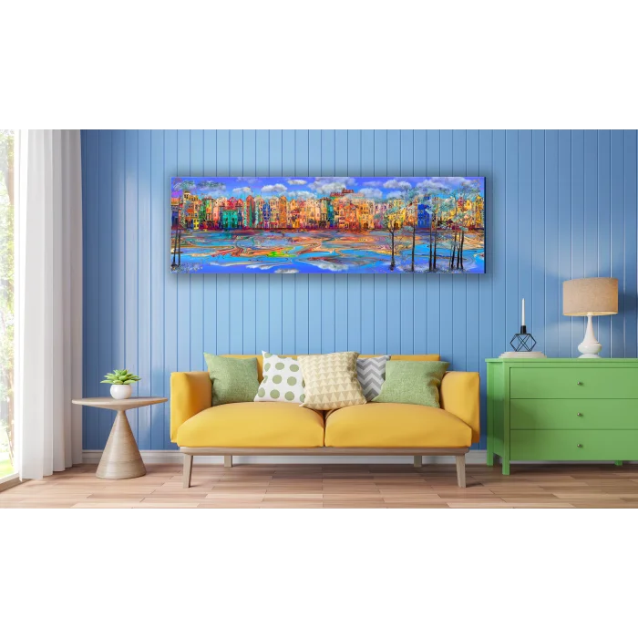Bestablo Yağlı Boya Görünümlü Renkli Evler 2 Kanvas Tablo Ev Dekoru, Bestablo