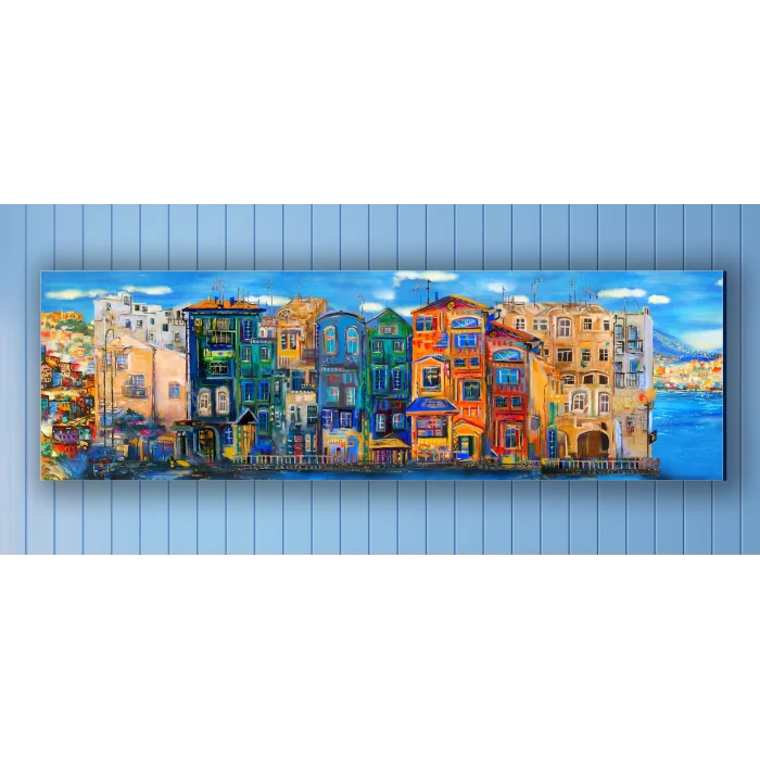 Bestablo Yağlı Boya Görünümlü Renkli Evler Kanvas Tablo Ev Dekoru, Bestablo