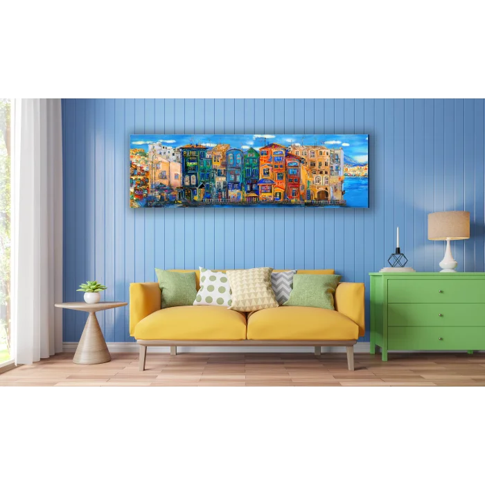 Bestablo Yağlı Boya Görünümlü Renkli Evler Kanvas Tablo Ev Dekoru, Bestablo